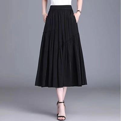 Zomer Dames Elastische Taille Gerimpelde Midi Zak Zwarte Rok