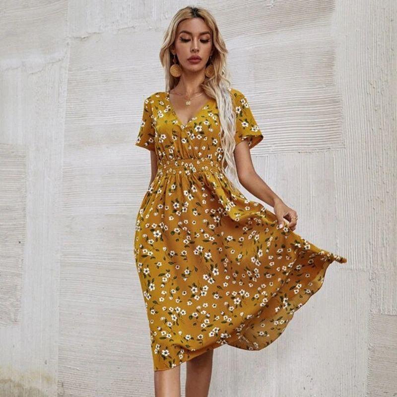

Short-Sleeved Dress Slim and Sexy V-neck High-Waist Flower Yellow M