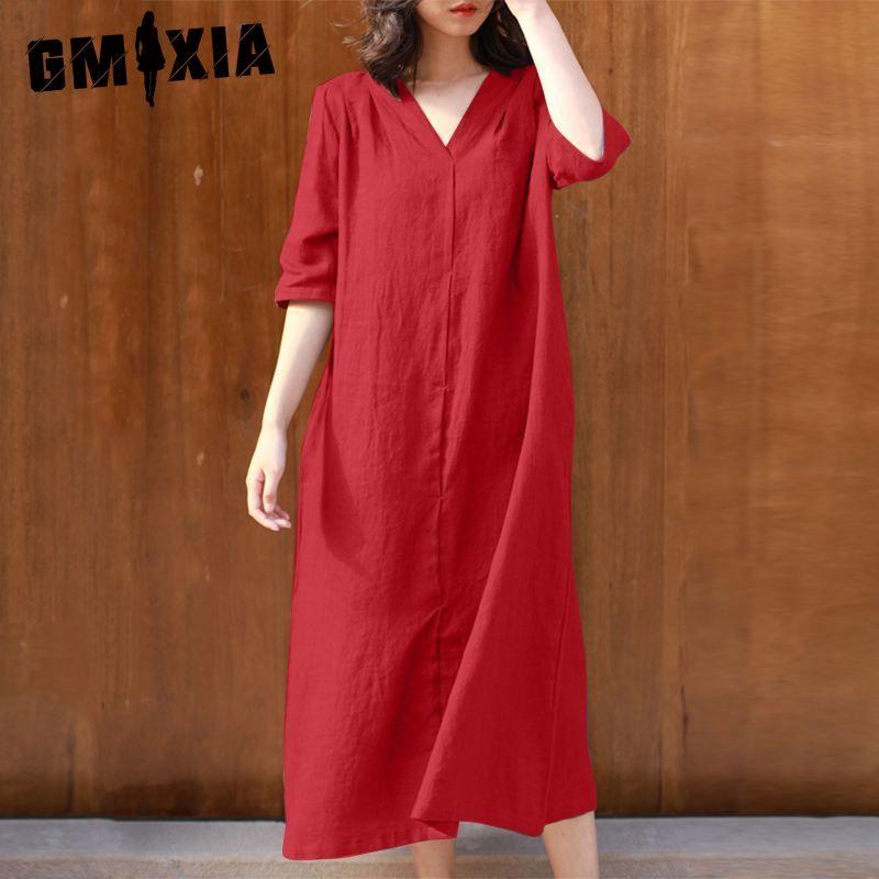 GMXIA Women's Fashion Summer Spring Solid Color Print 1/2 Sleeves V-Neck High Waist Casual Dresses