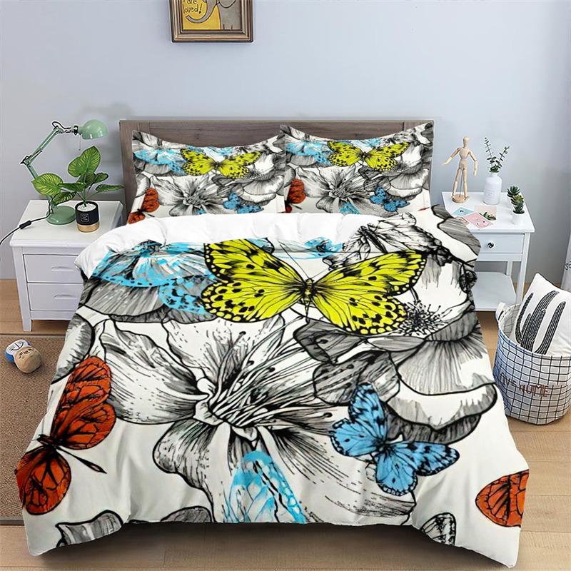 Soft Butterfly Floral Duvet Cover Queen Size For Adults Kids Girls Teens Bedroom Decor Flowers 3D Print Bedding Set Pillowcases