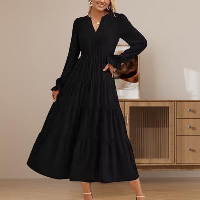 Spring Dress Pleated Patchwork Hem A-line Big Swing Midi Dress V Neck Long
