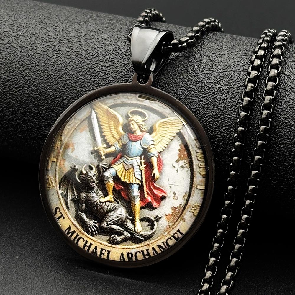 HEILIGER MICHAEL Erzengel besiegt den Teufel Glasmedaille Anhänger Halskette Edelstahl Goldbeschichtet Christliches Amulett Schmuck