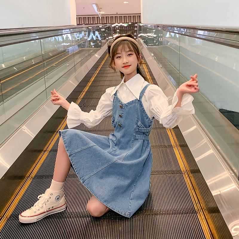 Girls' Spring 2025 Denim Skirt & Shirt Set - Big Kids Korean Style Two-Piece Overalls