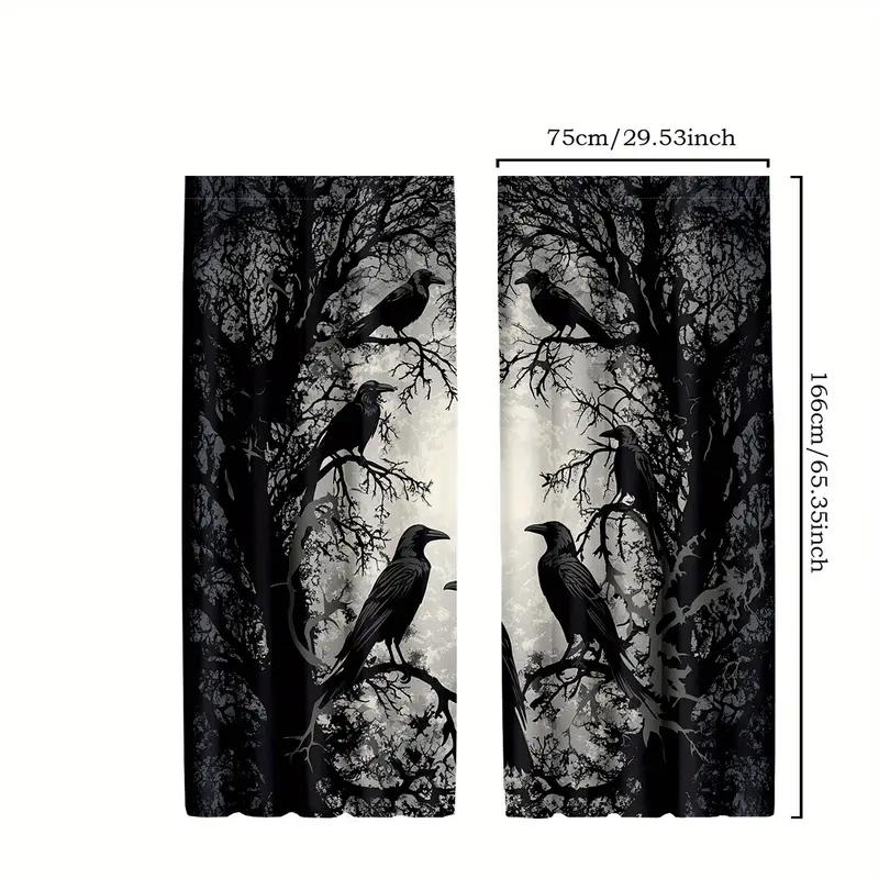 2pcs Gothic Raven Pattern Curtains   Blackout Rod Pocket Window Drapes  Halloween Decor   Home Decor