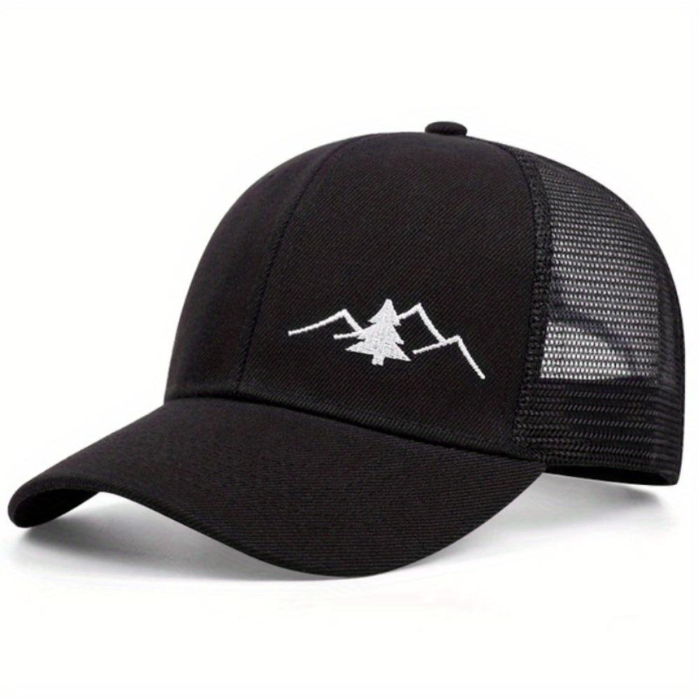 Mountain Embroidery Mesh Cap Adjustable Fit Sun Shading Hat Breathable Hat  Unisex Wear