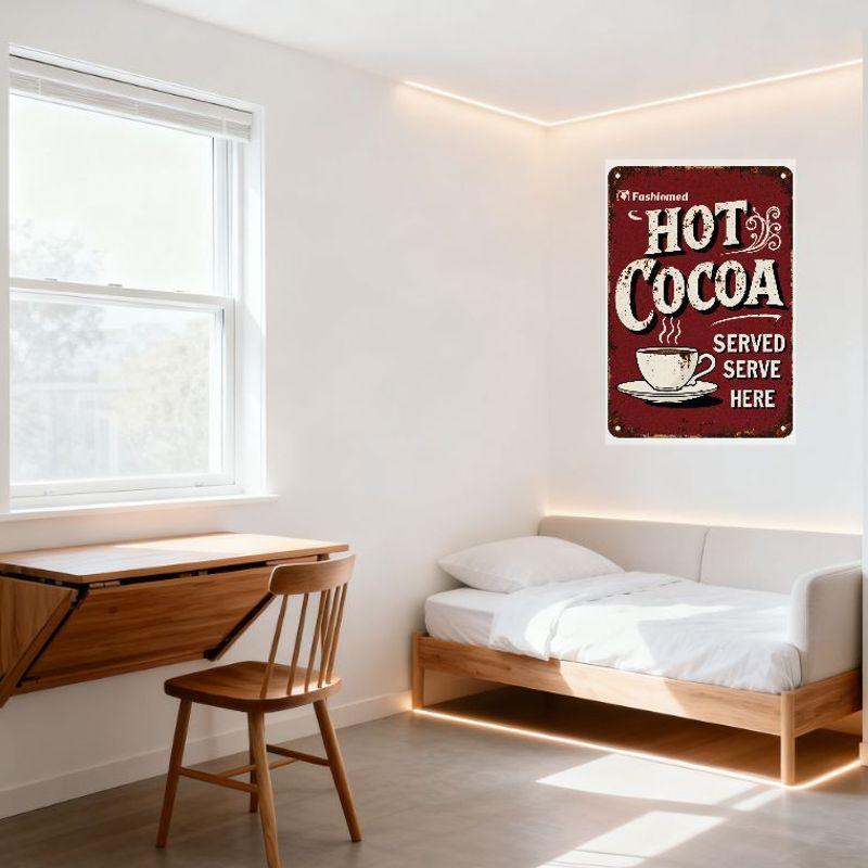 Vintage Rustic Hot Cocoa Metal Tin Sign with Distressed White Text & Coffee Cup Illustration - Fashioned Style Wall Plaque for C
