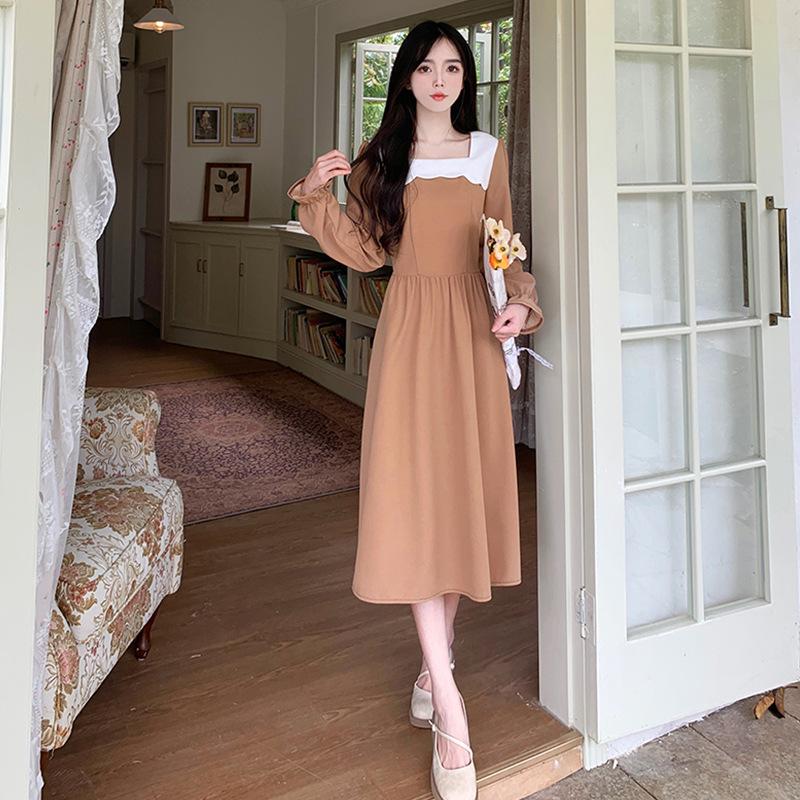 Women's 2024 Spring/Autumn French Style Square Collar Splicing Tea-Length Dress