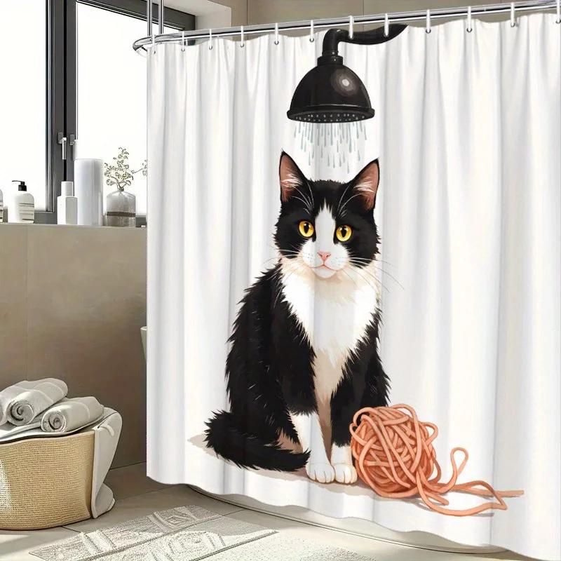 HI-Black & White Cat Shower Curtain - Minimalist Digital Art, Yellow Eyes & Yarn, Polyester, Machine Washable,Fashion Bath Decor
