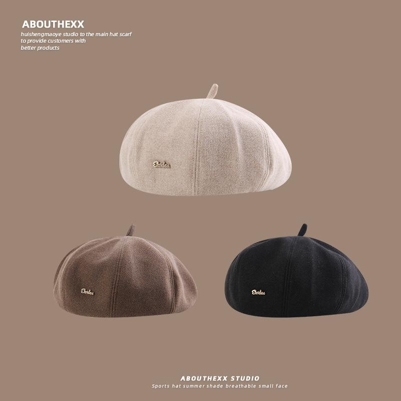 New Autumn and Winter Woolen Metal Beret Women's Korean Retro Literary Sweet Face Small Octagonal Hat Trendy