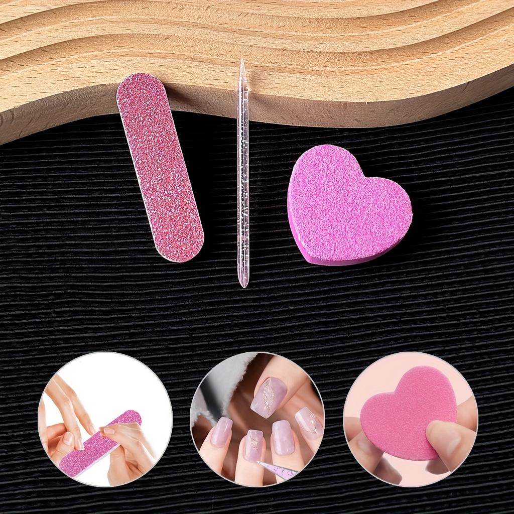 Set da 15 Pezzi / 3 Pezzi Lima per Unghie Mini, Tamponi e Bastoncini Lucidanti, Blocco Lucidante per Unghie Spugna a Forma di Cuore Double-Sided, Strumenti Lavabili per la Cura delle Unghie