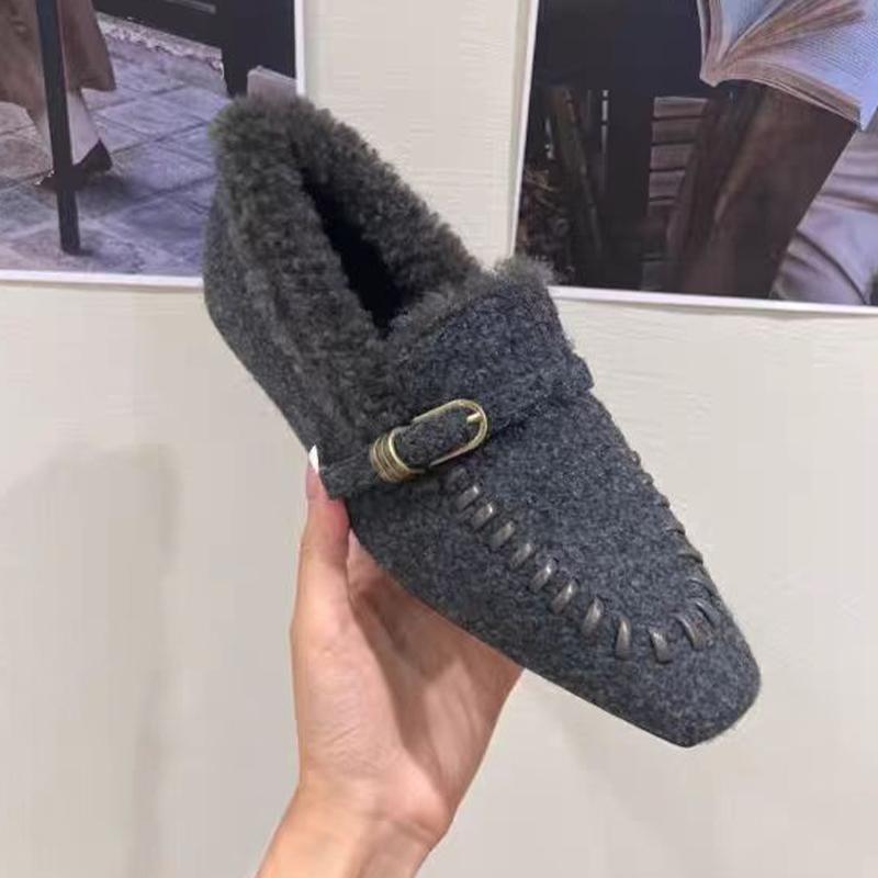 Pelz Damen Baumwollschuhe Ballerinas Mode Lässige Wildleder Slipper Schuhe für Frau Schneestiefel Neu Komfort Eckige Zehenpartie Mujer Zapatos
