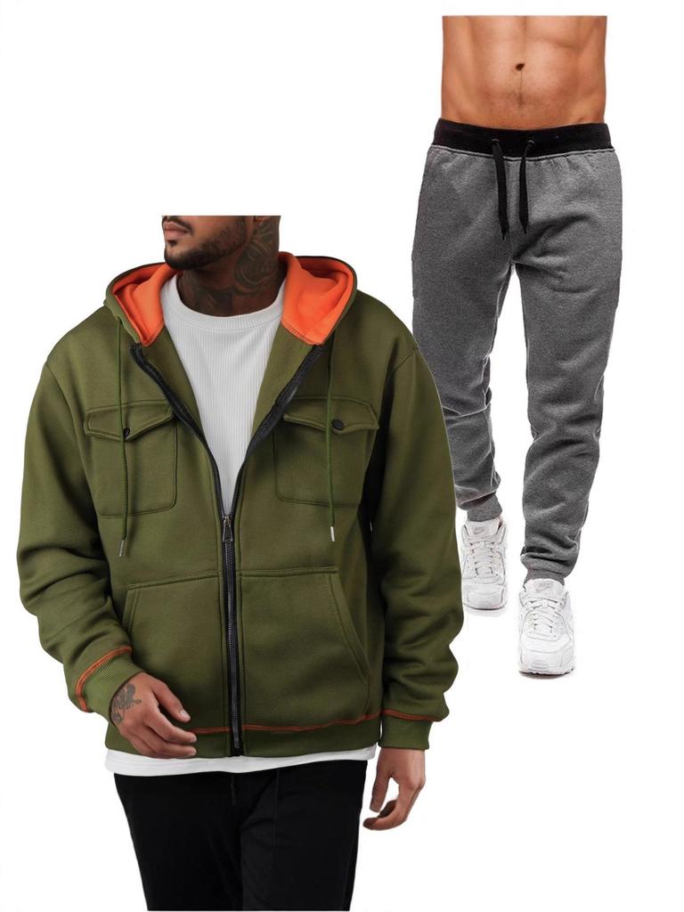 Men's European Size 220g Zip-Up Hoodie and Sweatshirt with Double Pockets - Sporty Casual Set