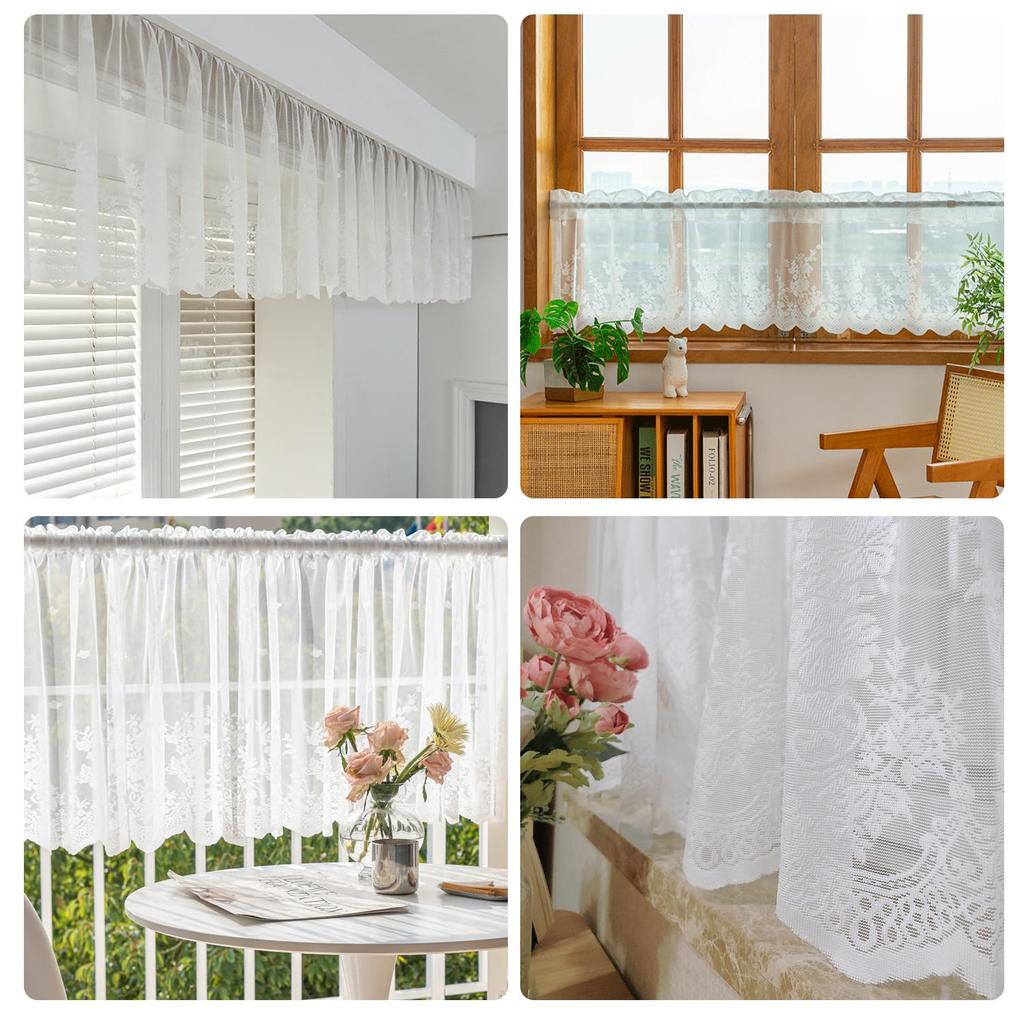 European White Lace Valance for Kitchen Windows, Vintage Floral Patterned Lace Valance Curtain , Rod Pocket1 Panel, White