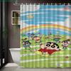 Crayon Shin-Chan & Shiro Best Friend Flying Scene 2D Print Waterproof Shower Curtain, Sweet Pink With Clouds & Daisies Bathroom