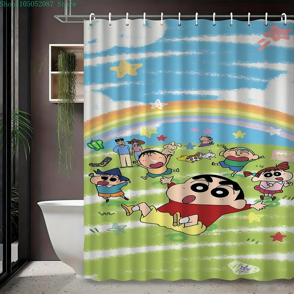 Crayon Shin-Chan & Shiro Best Friend Flying Scene 2D Print Waterproof Shower Curtain, Sweet Pink With Clouds & Daisies Bathroom