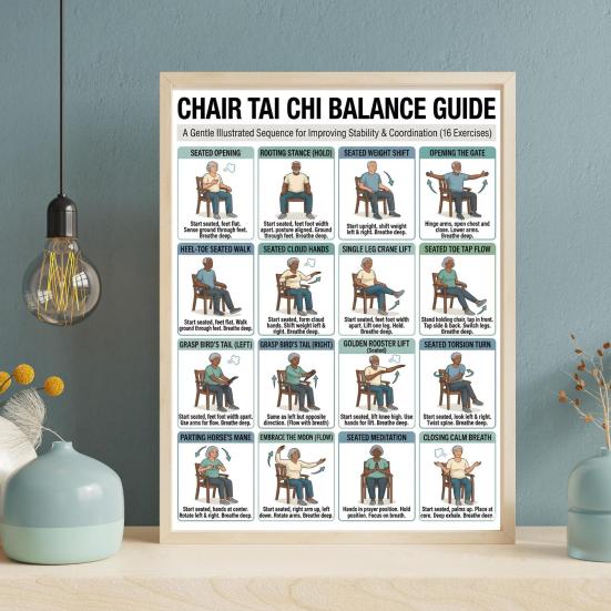 3er Set Tai Chi Übungsplakate für Stuhlübungen Sitzendes Trainingsdiagramm für Senioren Niedrigintensive Balance-Krafttrainingsanleitung