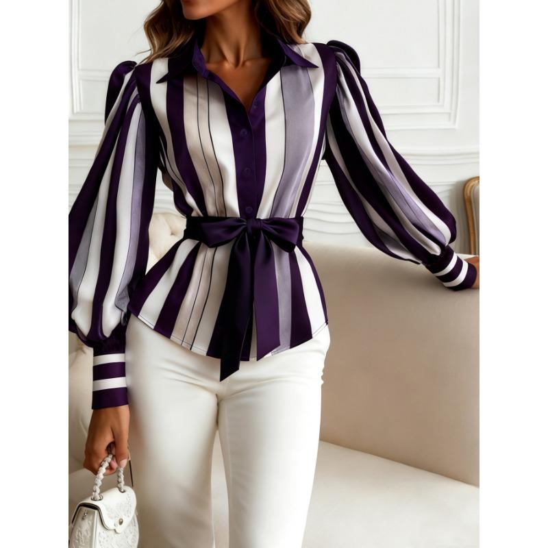 Spring and Autumn New Women's Tops with Bows Fashionable and Casual Long-sleeved Striped Shirts