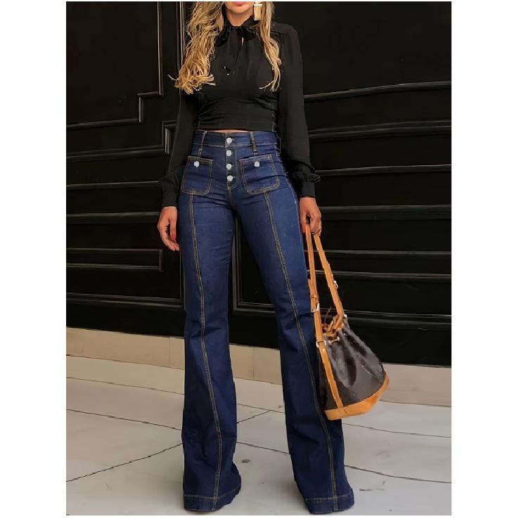 2026 New Fashion Versatile Casual High-Waisted Slim-Fit Buttoned Flared Denim Pants for Women S