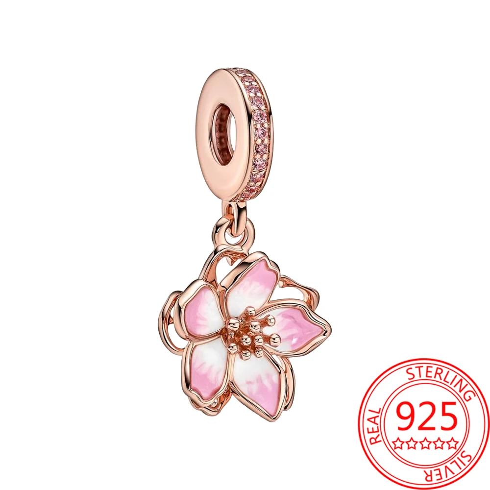 copper Pink Romantic Cherry Blossom Charm Bead Charms Bead Charms Flowers Rings Compatible With Pandora Bracelets Bead for Women Fine Jewellery Gift