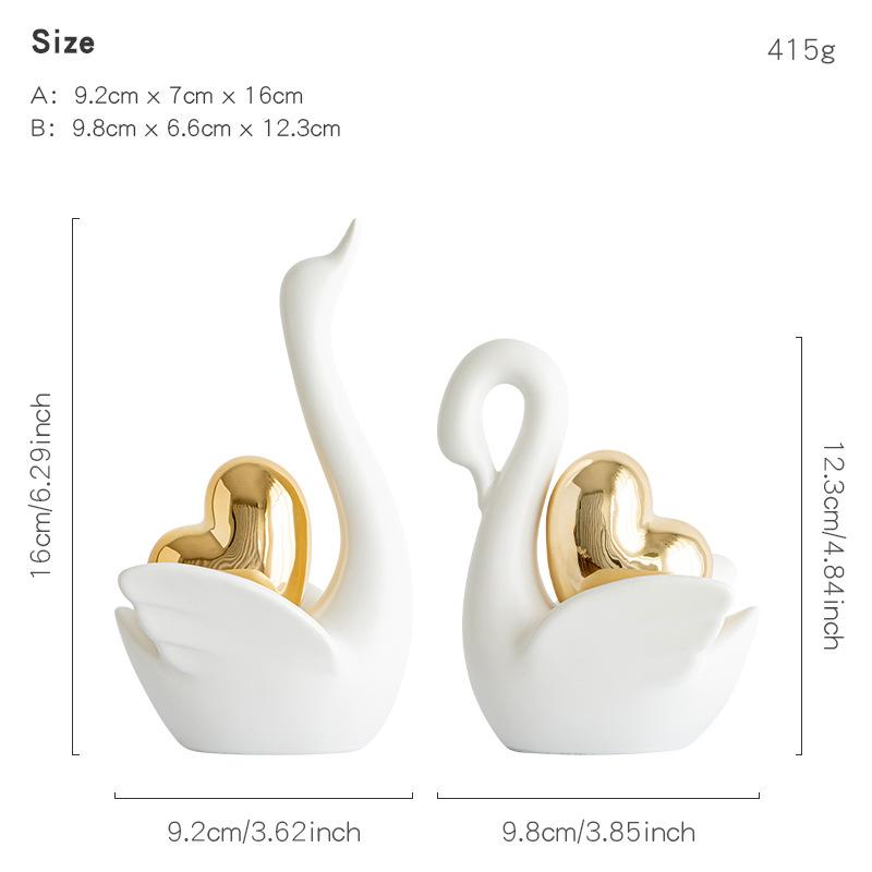 Love Couple Swan Ornament Ceramic Crafts Golden Love Sculpture White ceramic swan figurine  TV cabinet Home decor accessories