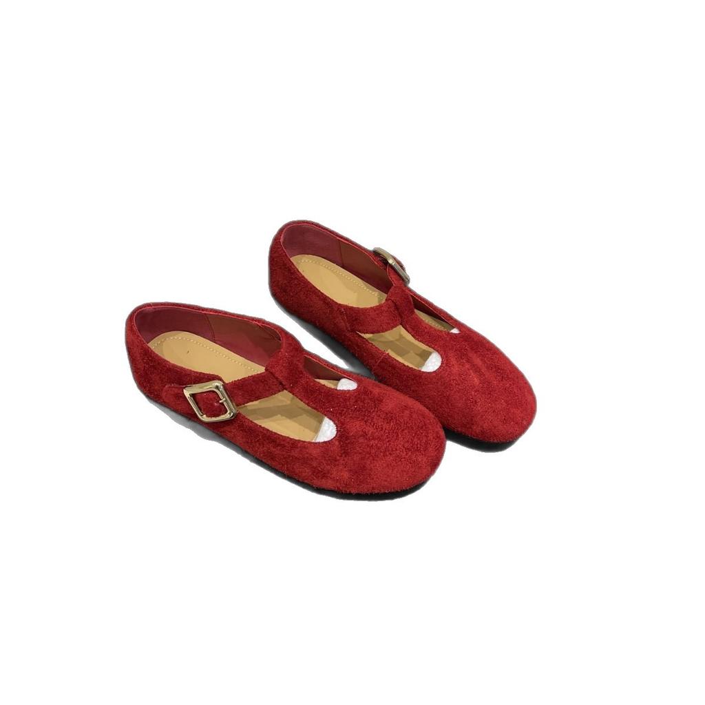 Leather Mary Jane Women's Shoes 2025 Korean Version of the New Flat-bottomed Non-slip Round Head Shallow Mouth Comfortable Belt Buckle Versatile Sing