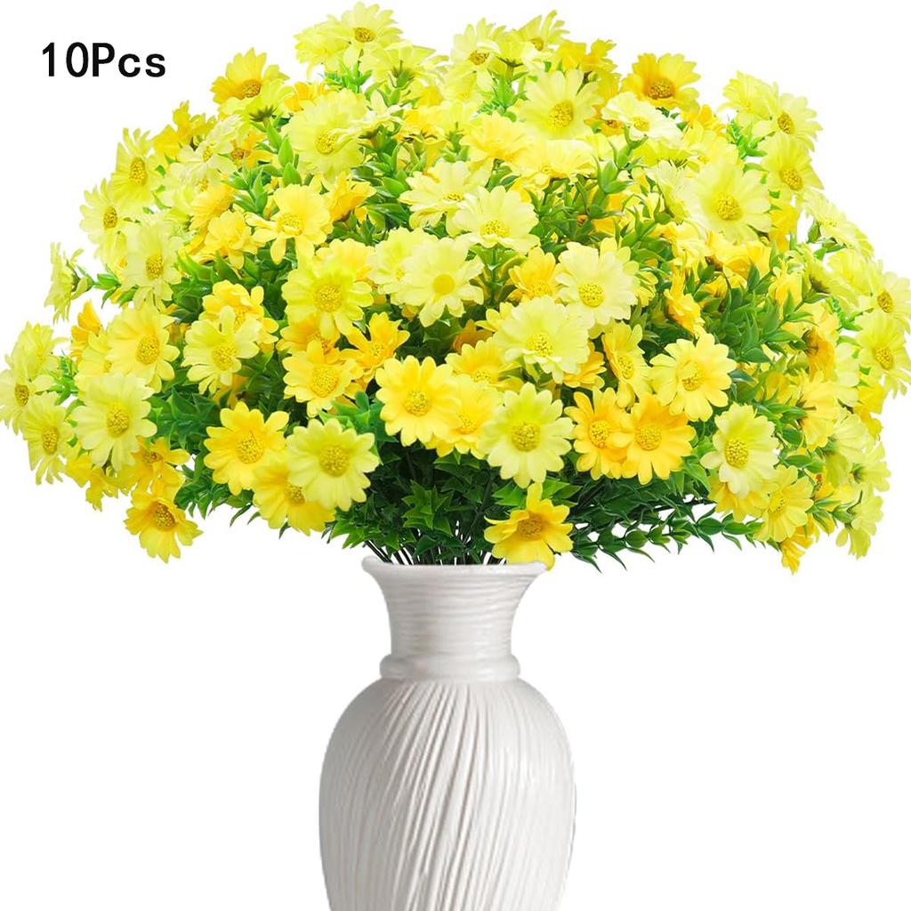 10pcs Artificial Daisies Flowers Outdoor Fake Plastic Plants UV Resistant Faux Greenery Shrubs Greenery for Hanging Planters