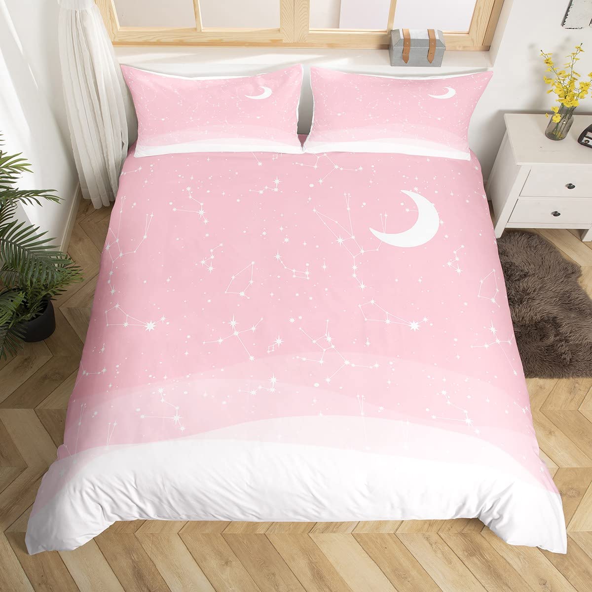 

Pink Gradient Duvet Cover Set for Kids Teens Girls Lightweight Bedspread Cover Bedroom Decor Starry Sky Bedding Set No Comforter (135x200cm)