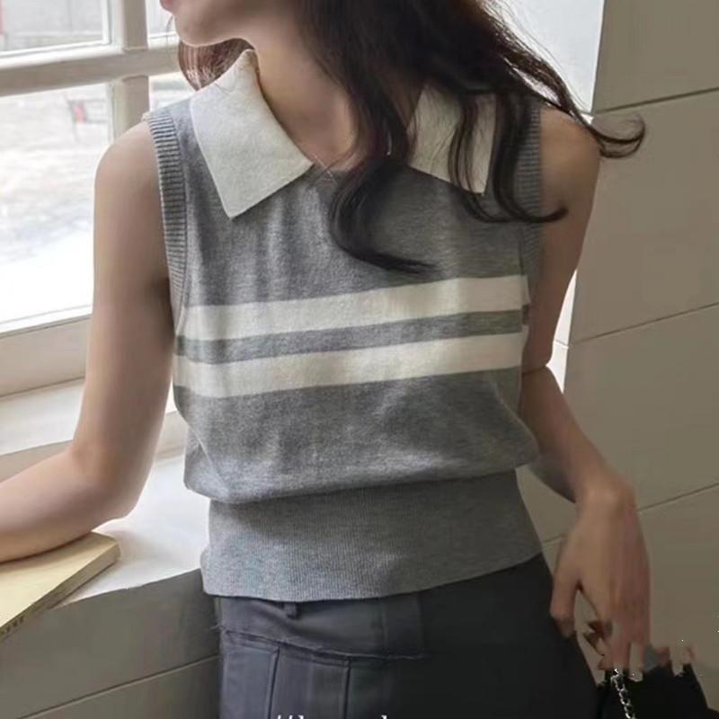 Summer New Korean Version of College Style Lapel Patchwork Color Vest Sleeveless Vest Wear Sweater Vest Women's Wear