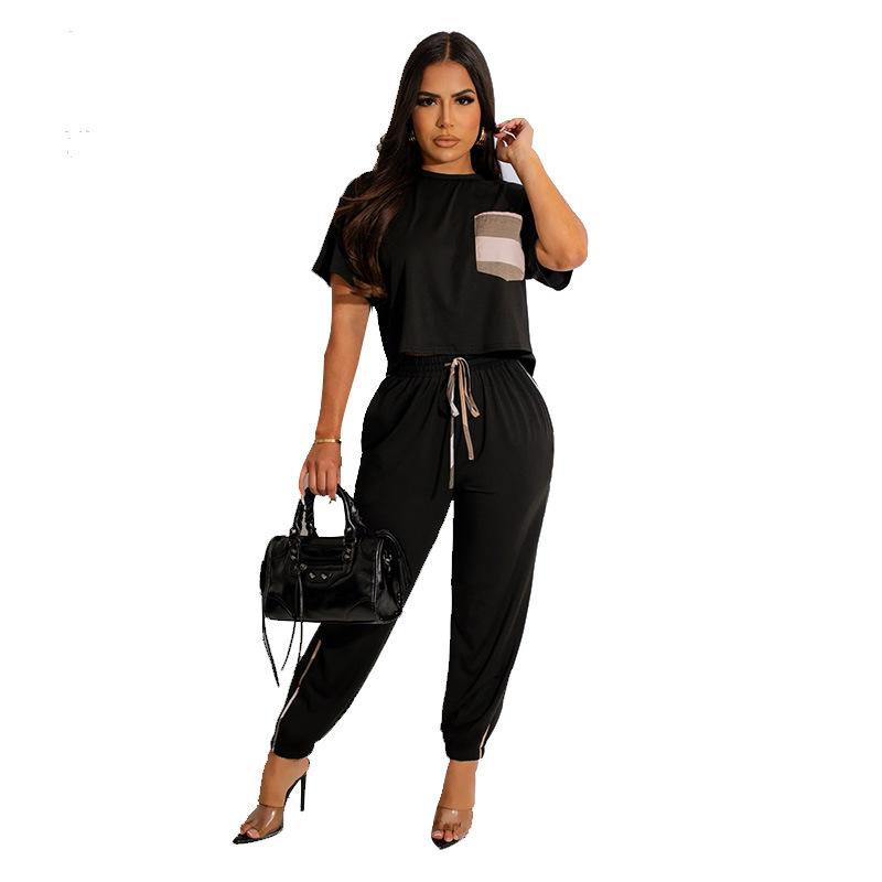 

Женский летний небольшой аромат с коротким рукавом и карманом, контрастный цвет, модный повседневный костюм из двух частей XXL чёрный