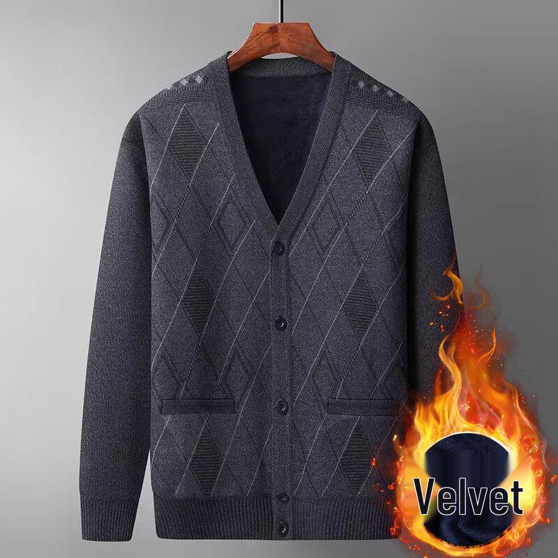 Men's V-Neck Knit Cardigan Sweater: Autumn-Winter Plus Velvet, Thickened, Loose Fit for Middle-aged & Elderly