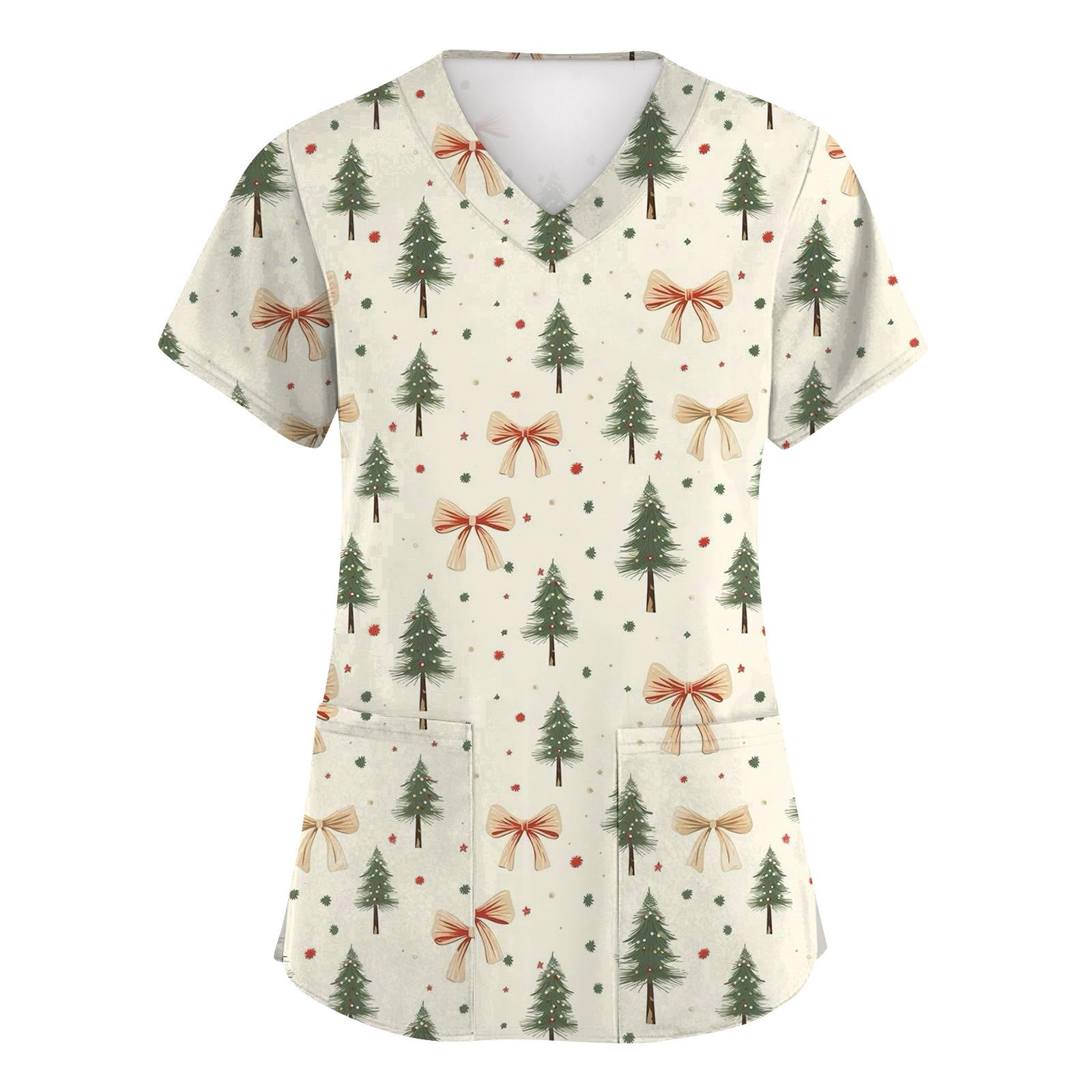 

Женские модные топы с коротким рукавом, рождественским принтом, V-образным вырезом, карманом, рабочая одежда L