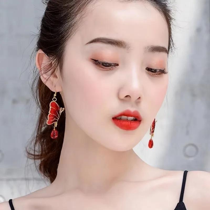 1 Pair Embroidered Butterfly Handmade Earrings Green Water Drops Colored Glazed Nature Stones Earring Green Cheongsam Jewelry