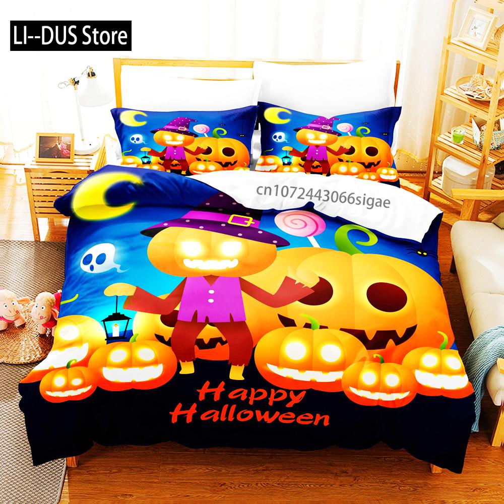 3/4ks Halloweenská ložní souprava s motivy dýní JackOLanterns, duchů, čarodějnických klobouků a lebek. Povlak na přikrývku zapálí ducha sezóny.