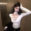 Sexy Black V-neck Long-sleeved T-shirt Women's Autumn and Winter Spice Girls Lace Hollow Bottoming Shirt Design Sense Slim and Thin Top