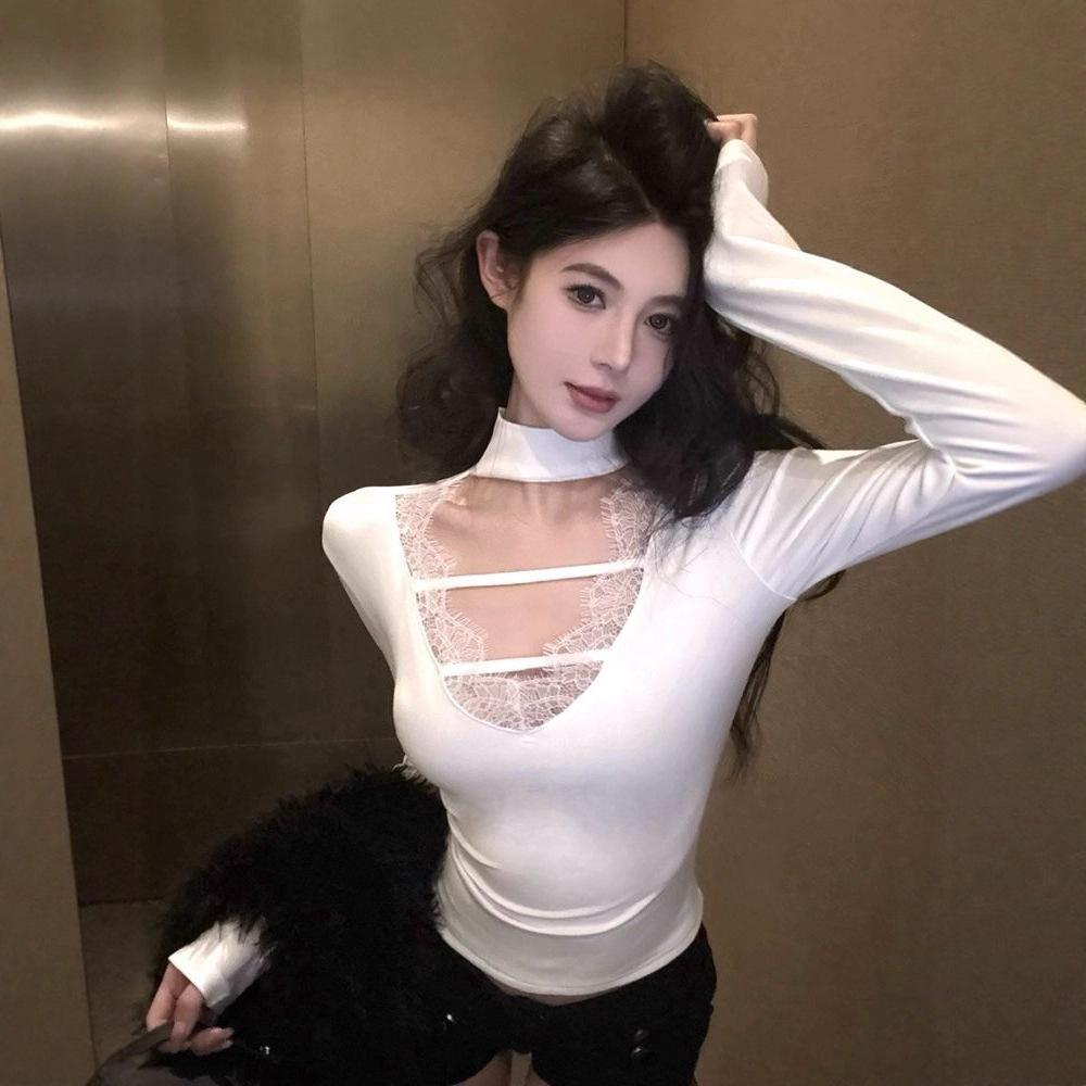 Sexy Black V-neck Long-sleeved T-shirt Women's Autumn and Winter Spice Girls Lace Hollow Bottoming Shirt Design Sense Slim and Thin Top