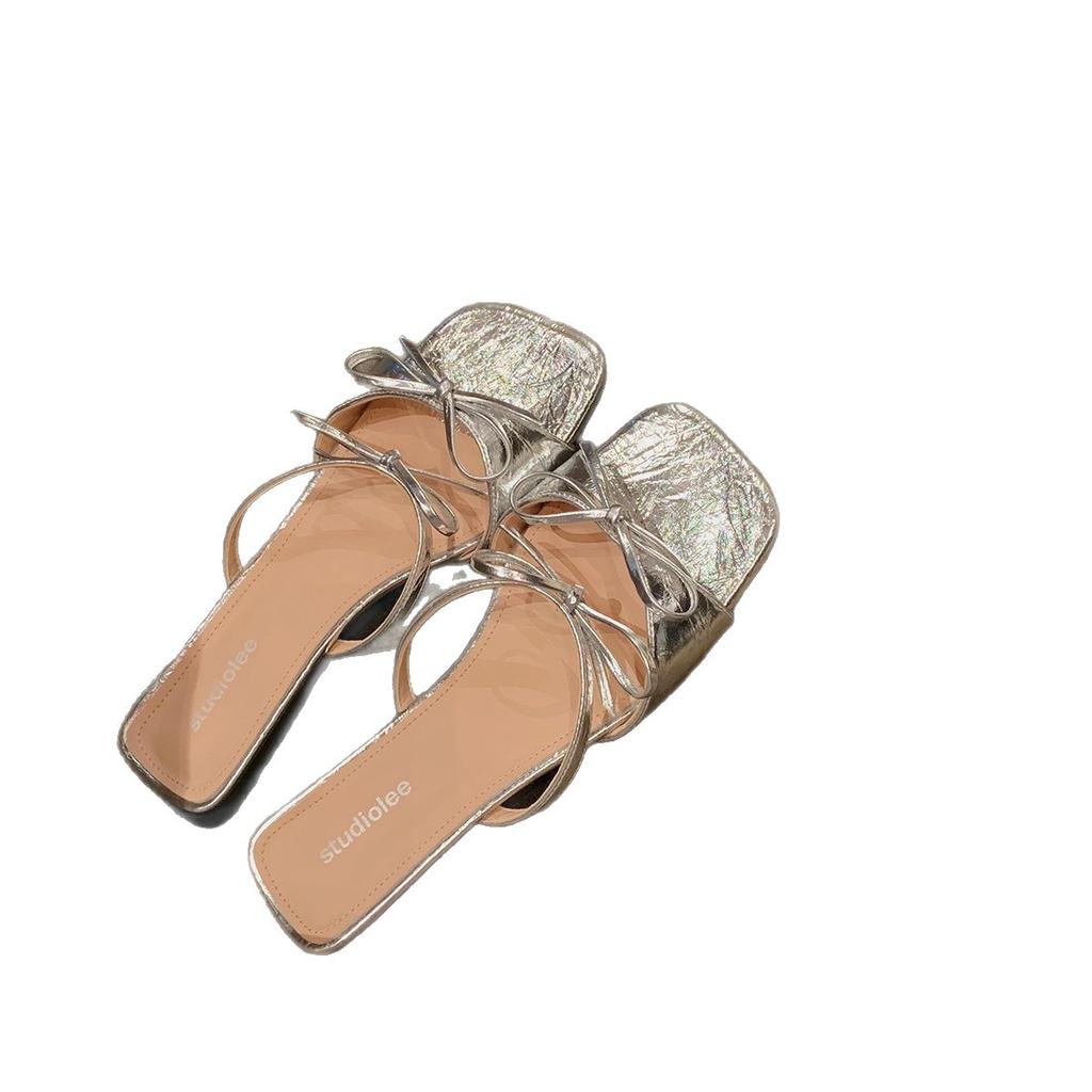 Grape Mother Has the Same Temperament Square Head Double Bow with Versatile Sandals Women's Summer French Casual Low-heeled Slippers