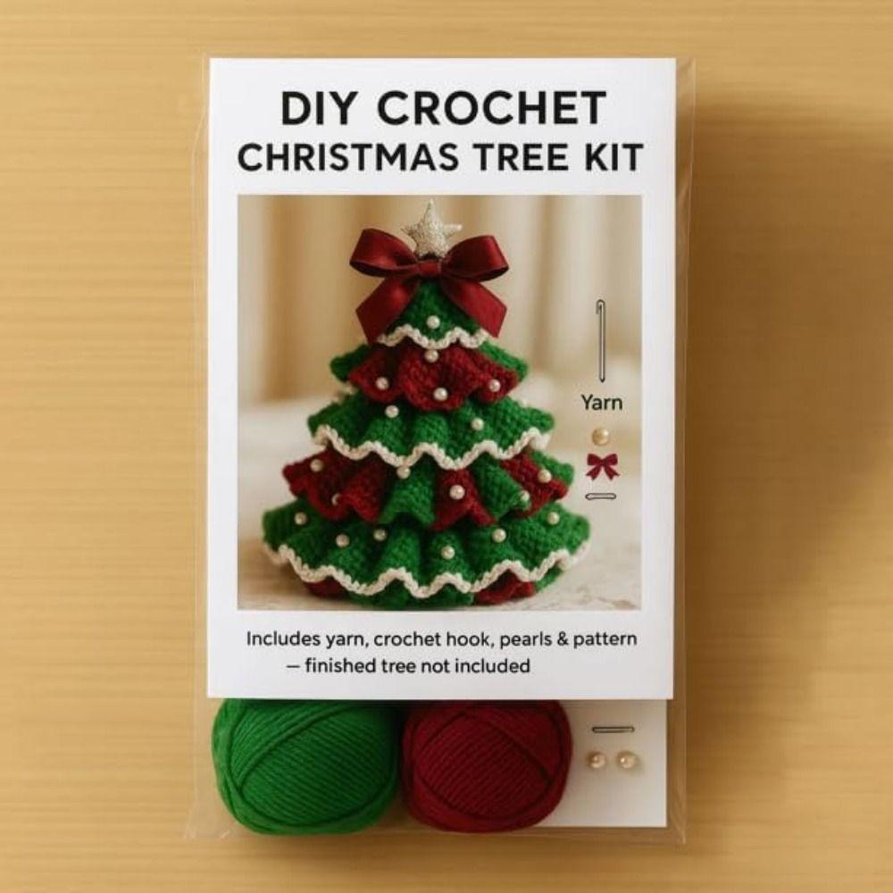 Handmade Crochet Christmas Tree Kit Festival with Bow Faux Pearl Christmas Party Crochet Decoration