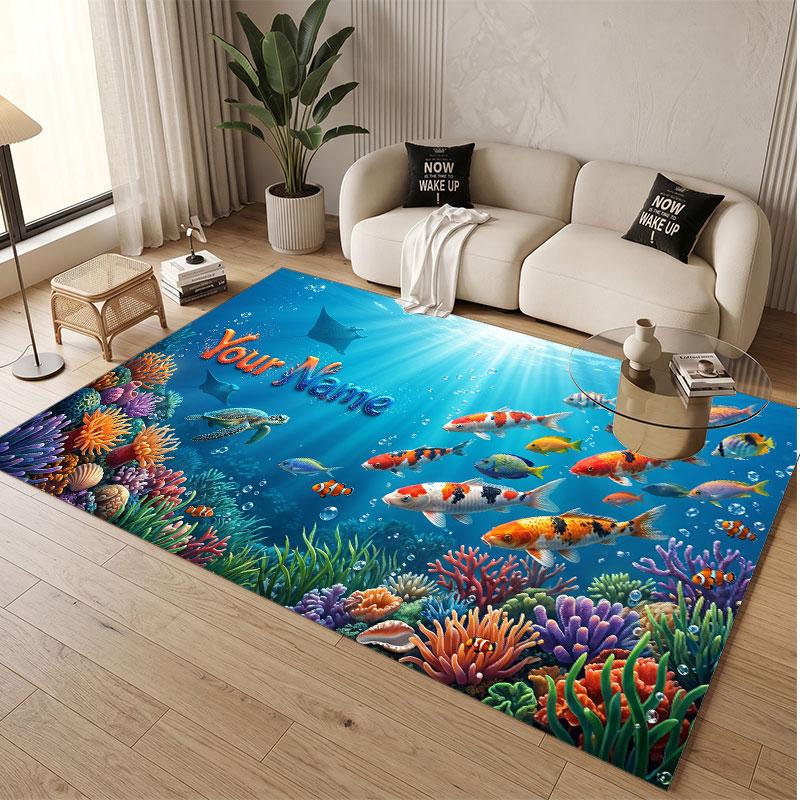 Fish Ocean Theme Soft Crystal Velvet Rug Custom Name & Text Print Non Slip Floor Rug for Bedroom Living Room