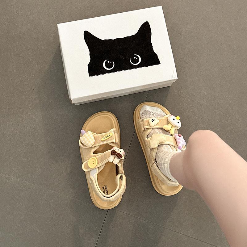 Fashion Fashion Women's Sandals Cute Cartoon Bear One-word Buckle with Velcro Sandals Women's Summer Beach Cool Slippers Sandalias Mujer