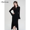 Vintage Chinese Style Women Black Midi Sweater Dress V Neck Hollow Out Knitting Warm Irregular Dress Flare Sleeve Knitted Warm Dress