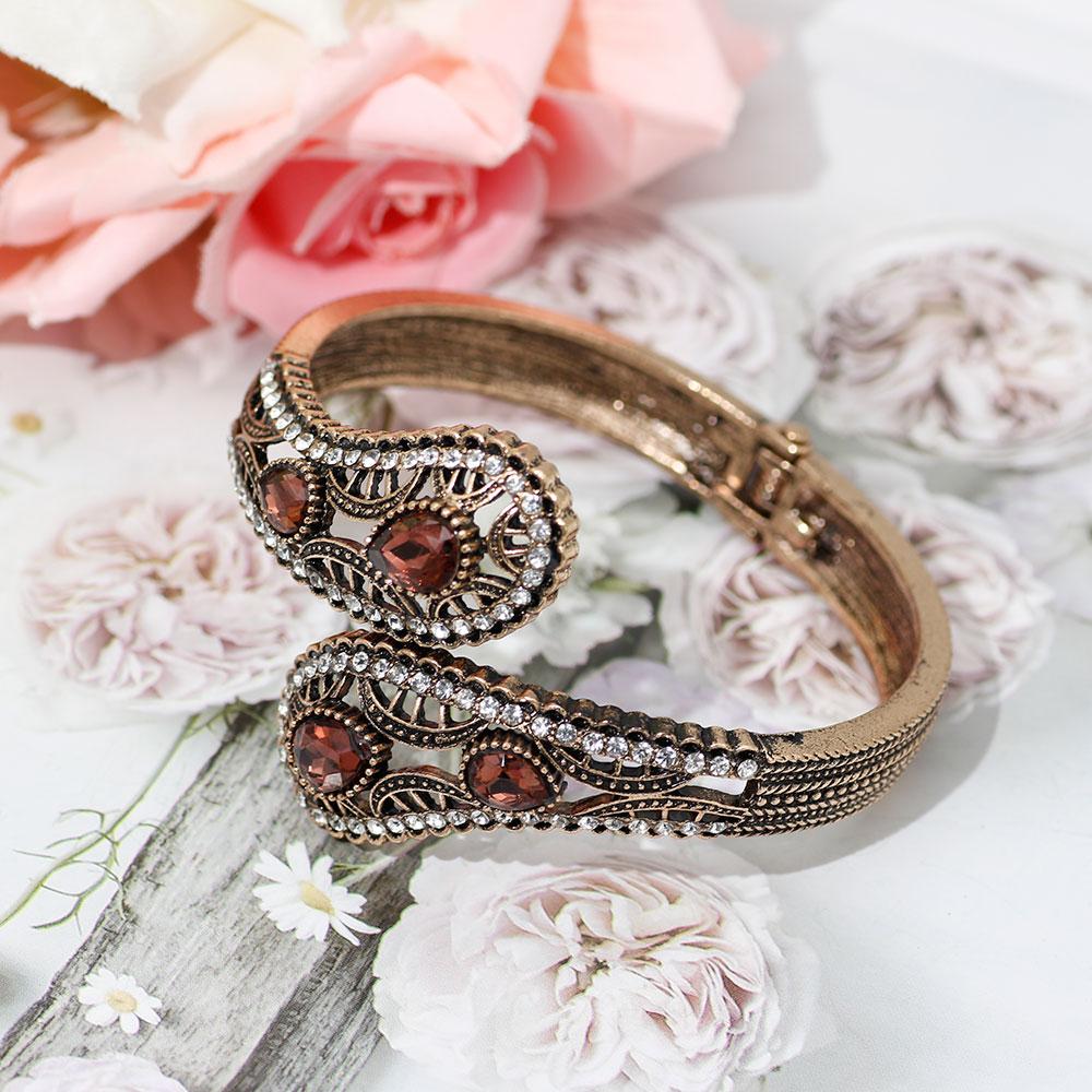 SUNSPICE-MS Champagne Crystal Women Vintage Cuff Bracelet Turkish Retro Gold Color Metal Spring Bracelet Ethnic Wedding Jewelry