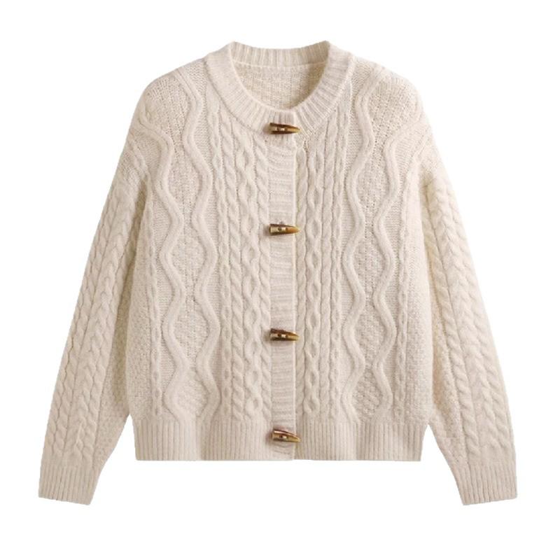 Korean Academy Style Round Neck Knit Cardigan with Horn Buttons for Women - Fall 2025