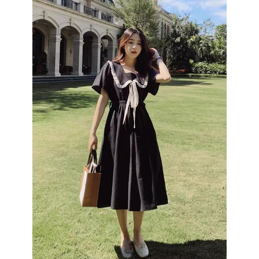 College style Hepburn small black dress doll collar short-sleeved dress women's summer niche design long skirt