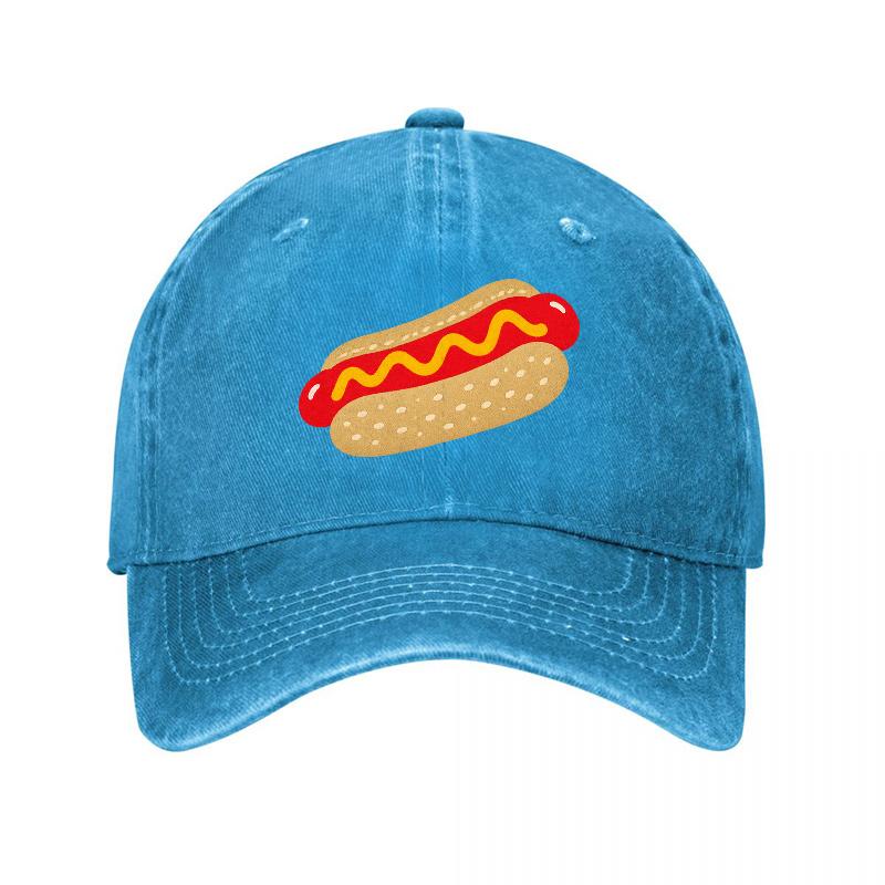 Hot Dog Pattern Vintage Washed Canvas Baseball Cap Unisex Adjustable Dad Hat Funny Food Design Casual Outdoor Summer Hat