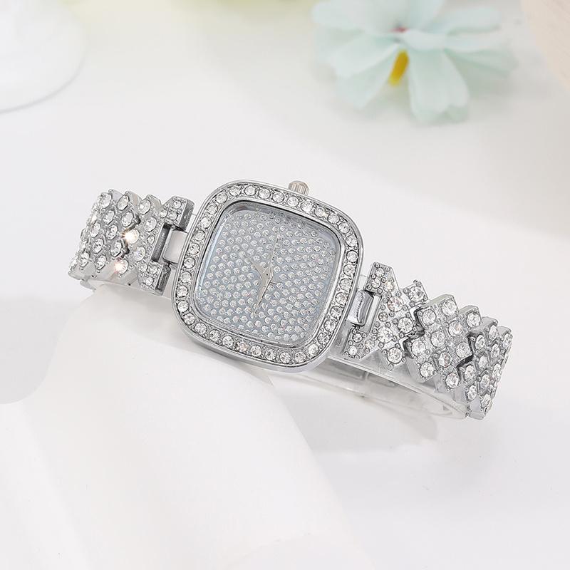 5PCS Luxury Personalized Girl Diamonds Silver Quartz Watch Women's Square Pendant Necklace Diamonds Earrings Ring Set for Girls