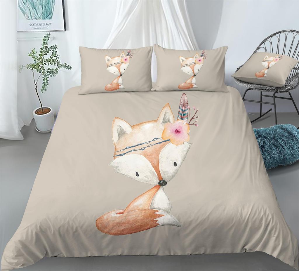Kids Fox Bedding Set Toddler Natural Floral Comforter Cover Set for Boys Girls Blossom Flowers Pattern Duvet Cover