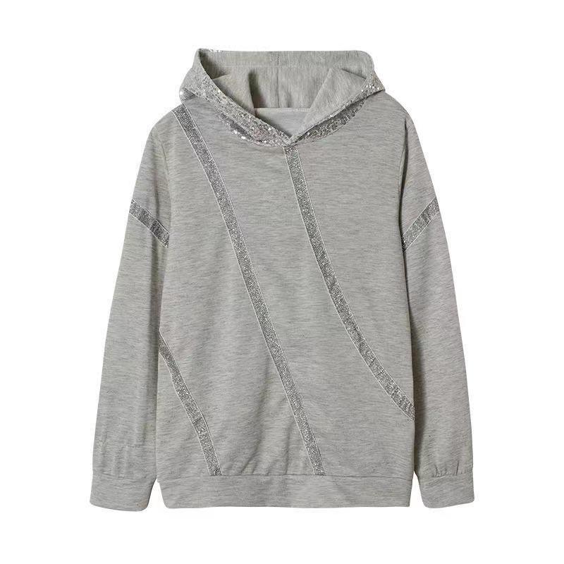 Women's New Autumn and Winter Sequin Stitching Loose Hooded Sweater