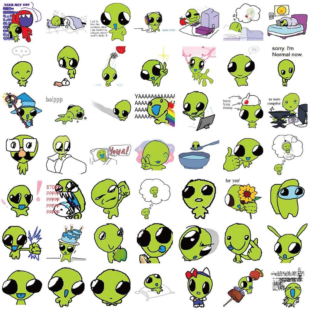 52PCS Little Green Alien Stickers Colorful Funny Green Alien Cup Laptop Cell Phone Luggage Decoration Waterproof Stickers