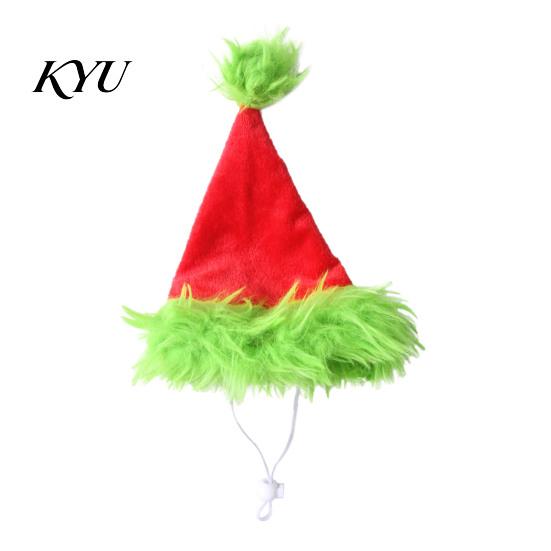 Adjustable Dog Cat Hat Christmas Pet Hat, Plush with Fuzzy Green Trim, Santa Photo Prop Elastic Band for Cats Dogs Festive Costume Accessory