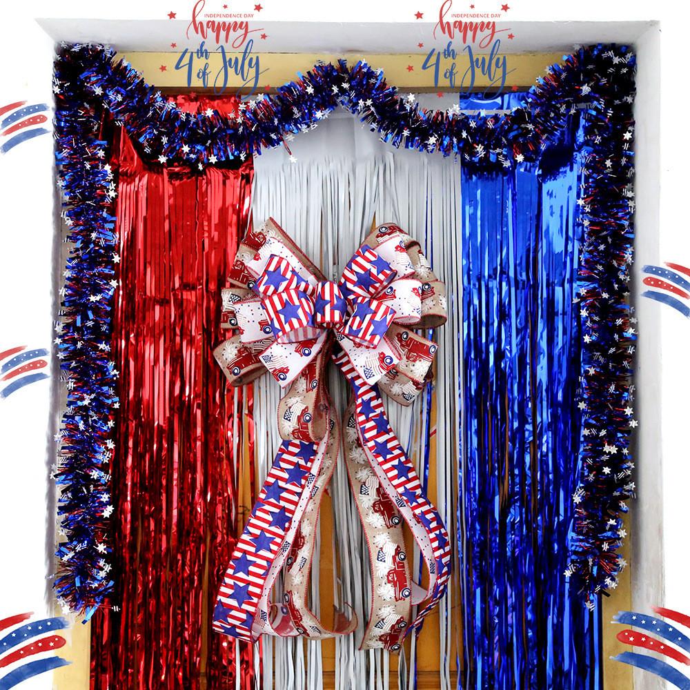 Festive Red Silver And Blue Foil Tinsel Curtain For Independence Day Celebration